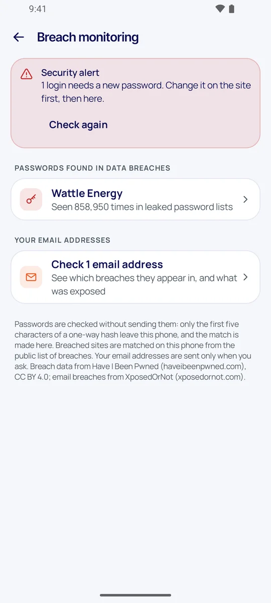 Breach monitoring showing one password found in data breaches