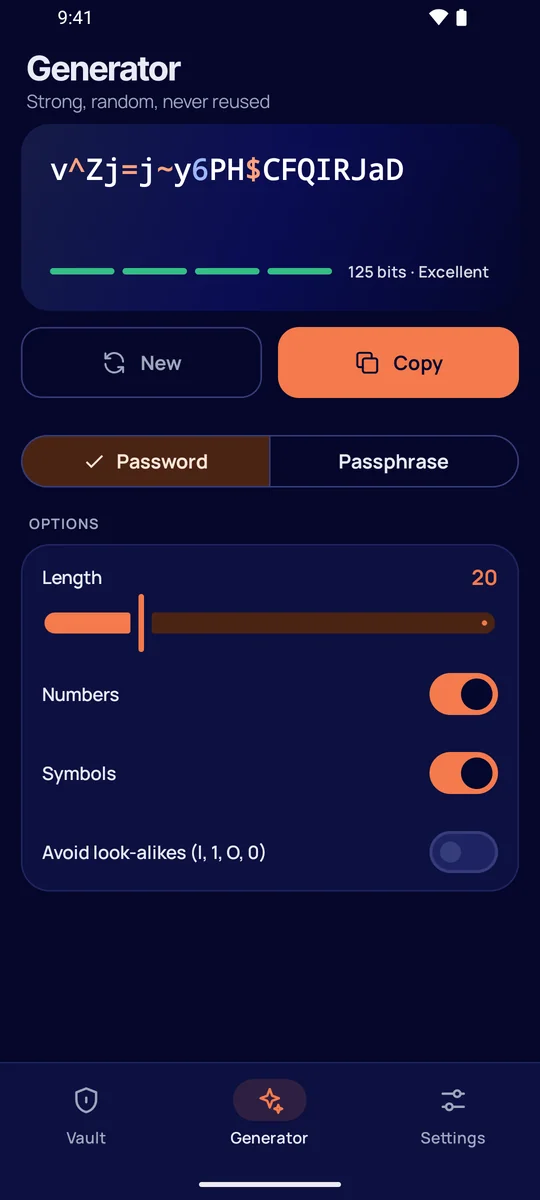 The password generator in dark mode