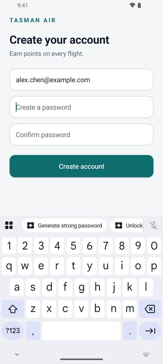 A sign-up form with BinaryIT Safe offering Generate strong password above the keyboard
