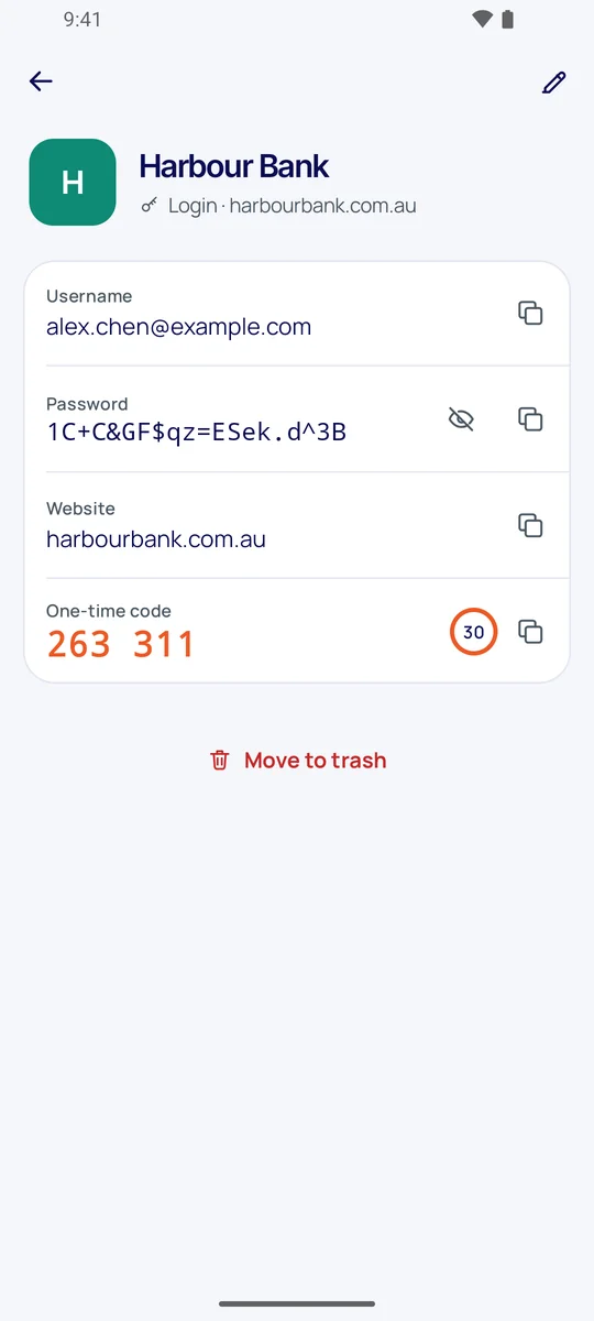 A login with its username, password, website and a one-time code