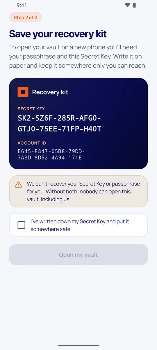 Recovery kit with a Secret Key and account ID