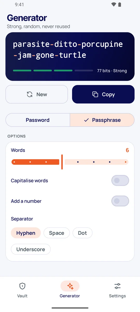 The generator making a six-word passphrase