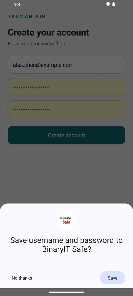 Android asking Save username and password to BinaryIT Safe