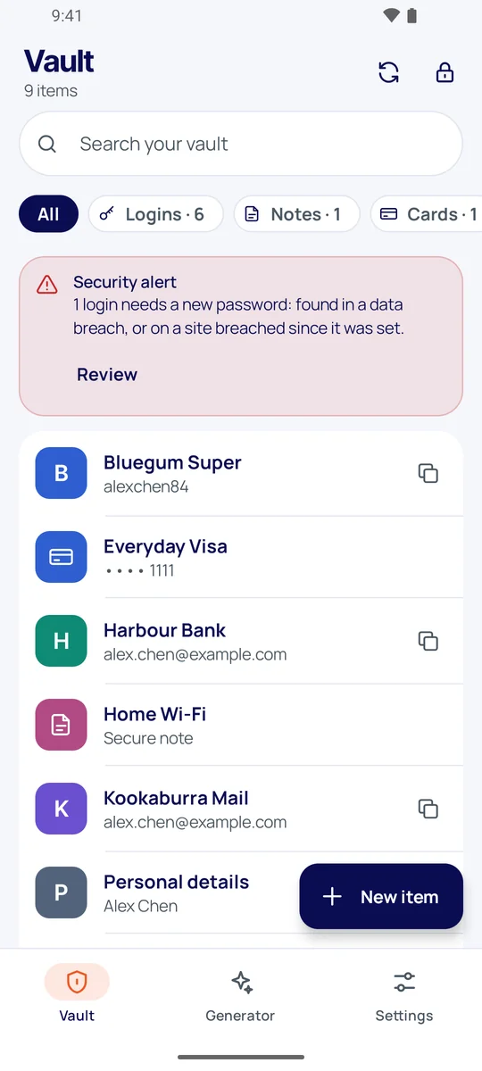 Vault with a security alert about a leaked password