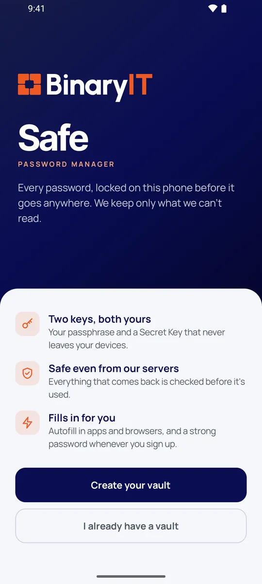 Welcome screen of BinaryIT Safe